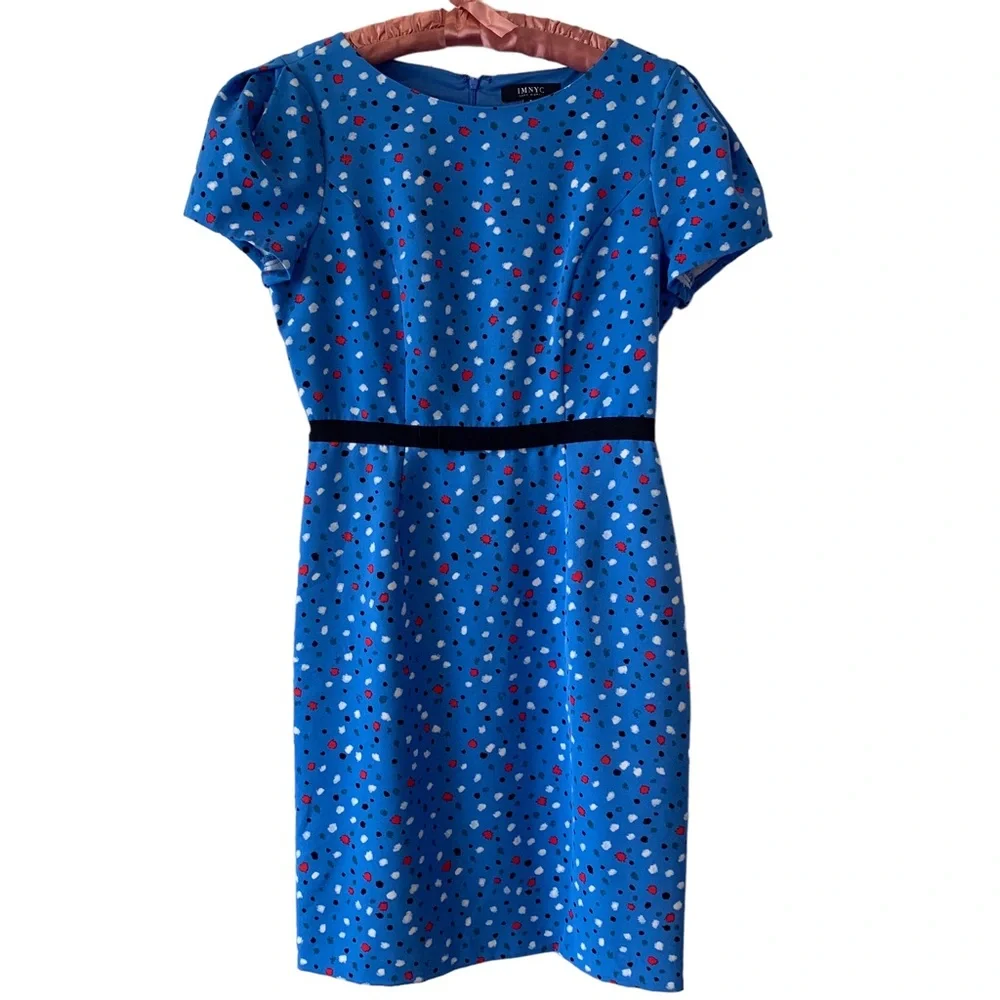 ISAAC MIZRAHI BLUE SHORT SLEEVE CONFETTI DRESS  RIBBON BELT - Picture 2 of 16
